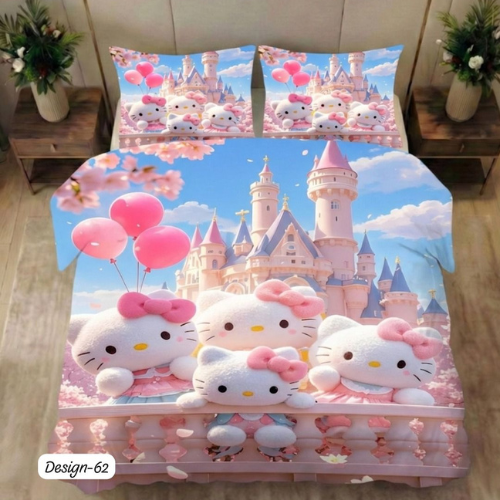 Cute Kitty Princess Castle Bedsheet (Queen)